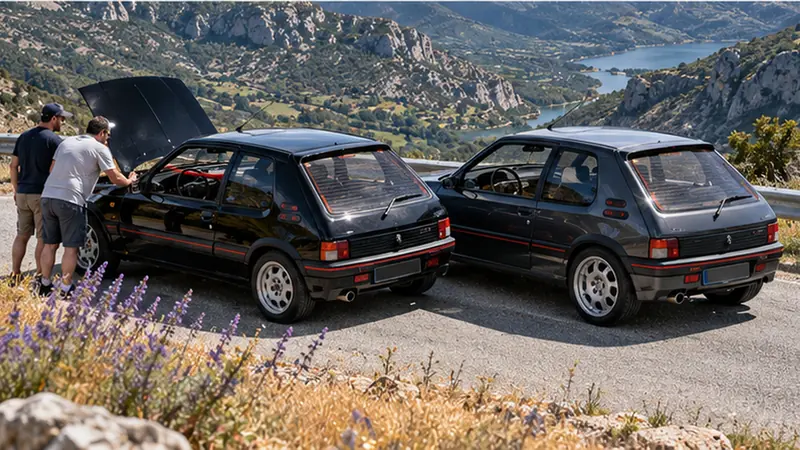Deux Peugeot 205 GTI noire et grise sur une route de col en Provence, capot ouvert, pour comparer la 1.6 et la 1.9
