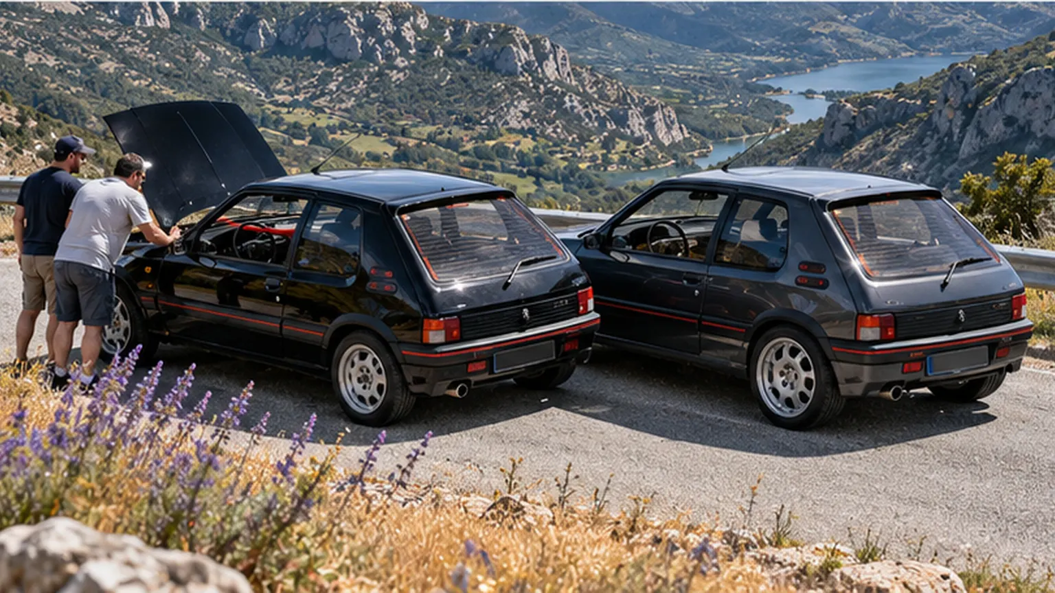 Deux Peugeot 205 GTI noire et grise sur une route de col en Provence, capot ouvert, pour comparer la 1.6 et la 1.9
