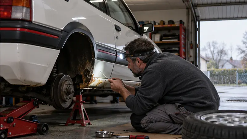 Acheteur qui inspecte à la lampe frontale le passage de roue arrière d’une Peugeot 205 GTI blanche sur chandelles