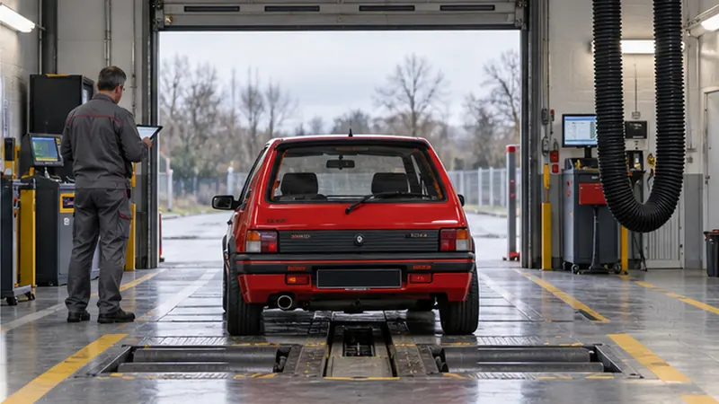 Peugeot 205 GTI rouge sur la ligne d’un centre de contrôle technique, banc de freinage et contrôleur
