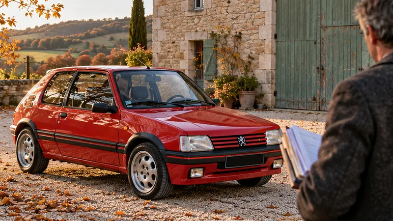 Peugeot 205 GTI 1.9 rouge d’occasion dans une cour de ferme en Bourgogne, vendeur tenant le dossier de factures d’entretien